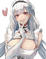 Rule 34 | 1girl, azur lane, breasts, cleavage, dress, elbow gloves, flower, frilled dress, frills, gloves, hair ornament, heart, large breasts, long hair, looking at viewer, maid, moppo, red eyes, scylla (azur lane), smile, solo, v, white gloves, white hair
