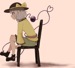 Rule 34 | 1girl, black footwear, black hat, blouse, blush, boots, buttons, closed mouth, collared shirt, commentary, diamond button, eyeball, fang, frilled shirt collar, frilled skirt, frilled sleeves, frills, frown, full body, furrowed brow, green eyes, green skirt, grey hair, hat, hat ribbon, heart, heart of string, highres, komeiji koishi, long sleeves, medium hair, medium skirt, on chair, pink background, ribbon, shirt, sidelocks, simple background, sitting, skirt, solo, third eye, topadori, touhou, wide sleeves, wooden chair, yellow ribbon, yellow shirt