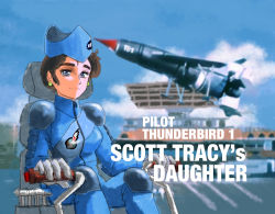 Rule 34 | 1girl, blue hat, blue sky, breasts, brown hair, character request, chutohampa, cloud, cloudy sky, earrings, english text, feet out of frame, garrison cap, gloves, grey eyes, grey gloves, hat, jewelry, medium breasts, outdoors, short hair, sitting, sky, smile, solo, thunderbirds (series)