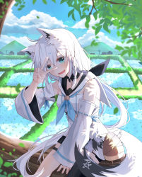 Rule 34 | 1girl, absurdres, ahoge, animal ear fluff, animal ears, bamboo shoot, black shorts, black thighhighs, blue eyes, blue sky, blush, braid, breasts, cloud, cloudy sky, commentary, cowboy shot, day, detached sleeves, fang, fox ears, fox tail, hair between eyes, highres, hololive, hood, hoodie, in tree, kyan (wstckhl), long hair, looking at viewer, medium breasts, mountain, open mouth, oruyanke (shirakami fubuki), outdoors, ponytail, rice paddy, shirakami fubuki, shirakami fubuki (1st costume), short shorts, shorts, side braid, single thighhigh, sitting, sitting in tree, sky, smile, solo, tail, thigh strap, thighhighs, tree, utility pole, v, v over eye, virtual youtuber, white hair, white hoodie