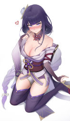Rule 34 | 1girl, absurdres, bare shoulders, blunt bangs, blush, boots, breasts, cleavage, genshin impact, heart, high heel boots, high heels, highres, japanese clothes, kimono, kneeling, large breasts, lingwuye, long hair, long sleeves, nose blush, obi, off shoulder, purple eyes, purple hair, purple kimono, raiden shogun, sash, simple background, thighhighs, thighs, white background, wide sleeves