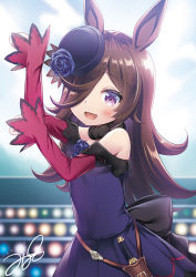 Rule 34 | 1girl, :d, animal ears, bare shoulders, black headwear, brown hair, commentary request, hair over one eye, horse ears, light blush, long hair, long sleeves, looking at viewer, one eye covered, open mouth, paw pose, purple eyes, rice shower (umamusume), signature, smile, solo, tilted headwear, umamusume, yukino minato
