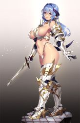 Rule 34 | 1girl, armor, armored boots, bare shoulders, bikini armor, blue eyes, blue hair, boots, breasts, female focus, from side, full body, gauntlets, gorget, gradient background, greaves, hair intakes, high heels, highleg, holding, holding sword, holding weapon, horns, houtengeki, large breasts, light smile, long hair, looking at viewer, low ponytail, matching hair/eyes, midriff, navel, original, peliazulyp, pointy ears, purple eyes, sideboob, solo, spikes, standing, strapless, sword, tail, thigh boots, thighhighs, weapon