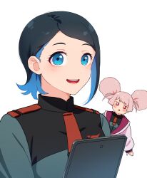Rule 34 | 2girls, afro puffs, asticassia school uniform, black hair, blue eyes, blue hair, chuatury panlunch, colored inner hair, commentary, grey jacket, gundam, gundam suisei no majo, holding, holding tablet pc, jacket, kamille (vcx68), long sleeves, looking at viewer, multicolored hair, multiple girls, nika nanaura, open mouth, peeking out, pink eyes, pink hair, pink jacket, school uniform, short hair, simple background, smile, swept bangs, tablet pc, white background