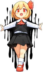 Rule 34 | 1girl, :d, bachera, black skirt, black vest, blonde hair, blush stickers, collared shirt, darkness, fang, hair ribbon, highres, long sleeves, looking at viewer, necktie, open mouth, outstretched arms, red eyes, red footwear, red necktie, red ribbon, ribbon, rumia, shirt, shoes, short hair, skin fang, skirt, smile, socks, solo, spread arms, standing, touhou, vest, white shirt, white socks