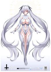 Rule 34 | 1girl, blush, bodysuit, breasts, character name, cinderella (nikke), cleavage cutout, clothing cutout, expressionless, full body, gluteal fold, goddess of victory: nikke, hair over one eye, headgear, kuronekozero, large breasts, long hair, navel cutout, one eye covered, qr code, red eyes, see-through, see-through skirt, skirt, solo, twintails, very long hair, white bodysuit, white hair