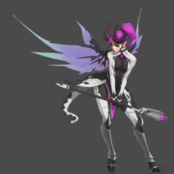Rule 34 | 1girl, armor, artist name, bodysuit, breasts, dark persona, demon horns, demon tail, devil mercy, facial mark, faulds, forehead mark, full body, grey background, high ponytail, holding, holding staff, horns, imp mercy, leaning forward, lipstick, long hair, looking to the side, makeup, mechanical wings, mercy (overwatch), official alternate costume, overwatch, overwatch 1, purple eyes, purple hair, purple lips, signature, simple background, small breasts, solo, staff, standing, tail, v arms, wings, yu li