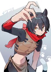 Rule 34 | 1girl, :&lt;, animal ears, armor, black fur, black hair, body fur, bracer, cat ears, cat girl, cat tail, character name, cowboy shot, dungeon meshi, fingernails, from above, grey background, hand up, hanten (hantennano), highres, izutsumi, leather armor, loincloth, long fingernails, looking up, navel, orange eyes, red scarf, scarf, sharp fingernails, short hair, simple background, slit pupils, solo, tail, two-tone background, white background