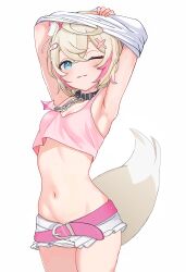 Rule 34 | 1girl, :3, absurdres, animal ear fluff, animal ears, armpits, arms behind back, arms up, bandaid, bandaid hair ornament, belt, black choker, black collar, blonde hair, blue eyes, breasts, choker, collar, cowboy shot, cropped shirt, dog ears, dog girl, dog tail, hair ornament, hairband, hashtag only commentary, highres, hololive, hololive english, horn hairband, looking at viewer, mococo abyssgard, mococo abyssgard (1st costume), multicolored hair, navel, one eye closed, pink belt, pink brooch, pink hair, pink hairband, pink tank top, shirt, shorts, simple background, small breasts, solo, spiked collar, spikes, standing, stomach, streaked hair, tail, tank top, thighs, undressing, virtual youtuber, wanwan (ilol9), white background, white shirt, white shorts, x hair ornament