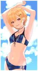 Rule 34 | 1girl, armpits, arms up, bikini, blonde hair, breasts, choker, cloud, groin, hair ornament, hairpin, highres, idolmaster, idolmaster shiny colors, jewelry, midriff, navel, necklace, oki, parted lips, saijo juri, short hair, sky, small breasts, smile, solo, swimsuit