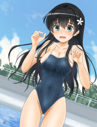Rule 34 | 1girl, absurdres, alternate costume, areola slip, arms up, artist name, black hair, blue eyes, blue sky, breasts, cameltoe, cleavage, covered navel, day, embarrassed, flower, gluteal fold, hair flower, hair ornament, highres, long hair, medium breasts, nao suke, one-piece swimsuit, outdoors, pool, saten ruiko, school swimsuit, sky, solo, standing, swimsuit, thigh gap, tight clothes, toaru kagaku no railgun, toaru majutsu no index
