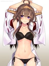 Rule 34 | 1girl, ahoge, aiguillette, armpits, arms up, bare shoulders, black bra, black panties, blush, bra, breasts, brown hair, cleavage, closed mouth, collarbone, commentary request, cowboy shot, detached sleeves, double bun, hair between eyes, hair bun, hairband, headgear, japanese clothes, kantai collection, kongou (kancolle), kongou kai ni (kancolle), large breasts, long hair, looking at viewer, nontraditional miko, panties, purple eyes, red skirt, shirokitsune, side-tie panties, sidelocks, simple background, skirt, smile, solo, underwear, white background, wide sleeves