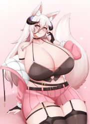 Rule 34 | 1girl, absurdres, animal ears, breasts, choker, commentary, commission, english commentary, fraeya (vtuber), garter straps, glasses, gloves, highres, horns, huge breasts, indie virtual youtuber, jacket, licking lips, nikasubsia, open clothes, open jacket, pleated skirt, skirt, solo, symbol-shaped pupils, tail, thighhighs, tongue, tongue out, virtual youtuber