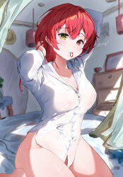 Rule 34 | 1girl, absurdres, breasts, cleavage, covered erect nipples, dress shirt, heterochromia, highres, hololive, houshou marine, large breasts, long sleeves, looking at viewer, mouth hold, naked shirt, red eyes, red hair, seiza, shirt, short hair, sitting, thighs, vincent leo, virtual youtuber, yellow eyes
