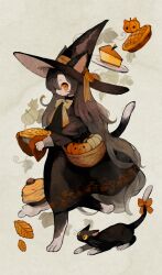 Rule 34 | 1girl, animal, animal ears, animal feet, basket, black cat, black hat, black tail, bow, bowtie, brown capelet, brown dress, brown hair, brown hat, cake, cake slice, capelet, cat, cat ears, cat girl, cat tail, closed mouth, commentary request, dot nose, dress, ears through headwear, food, fruit basket, full body, hair over one eye, halloween, hat, hat ribbon, highres, holding, holding food, leaf, long sleeves, orange bow, orange eyes, orange ribbon, original, pastry, pie, plate, profile, pumpkin, ribbon, sakutake (ue3sayu), slit pupils, solo, striped ribbon, tail, walking, wavy hair, witch hat, yellow bow