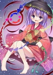 Rule 34 | 1girl, :d, arrow (symbol), bare legs, barefoot, bowl, esureki, floral print, gradient background, hime cut, japanese clothes, kimono, knees together feet apart, knees up, light particles, light purple hair, long sleeves, looking at viewer, mallet, miracle mallet, obi, open mouth, purple eyes, reclining, sash, short hair, short kimono, smile, solo, sukuna shinmyoumaru, touhou, wide sleeves
