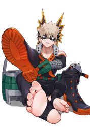 Rule 34 | 1boy, bakugou katsuki, black bodysuit, black mask, blonde hair, bodysuit, boku no hero academia, boots, feet, freckles, highres, looking at another, male focus, multiple boys, red eyes, seoltang (nitro sugar), shoes, short hair, simple background, solo, spiked hair, teeth, toes, white background