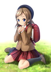 Rule 34 | 1girl, backpack, bag, beret, black hat, black socks, blazer, blue eyes, blush, bow, brown footwear, brown hair, brown jacket, closed mouth, collared shirt, commentary request, full body, grass, hands up, hat, highres, jacket, kneehighs, loafers, long hair, long sleeves, on grass, original, parted bangs, plaid, plaid skirt, pleated skirt, randoseru, red bow, red skirt, shibacha, shirt, shoes, sitting, skirt, smile, socks, solo, spwhitebs, wariza, white background, white shirt