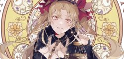 Rule 34 | 1girl, bad id, bad twitter id, blonde hair, bow, breasts, crown, earrings, ereshkigal (fate), fate/grand order, fate (series), fingernails, glint, hair bow, hand up, head tilt, highres, holding, jewelry, long hair, looking at viewer, medium breasts, orange eyes, parted lips, red bow, satsuki (miicat), smile, solo, spine, two side up, upper body