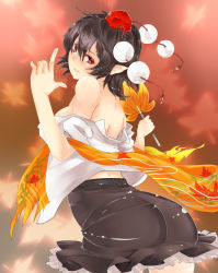 Rule 34 | 1girl, ass, bad id, bad pixiv id, bare shoulders, belt, black hair, blush, breasts, dango ya, female focus, hand fan, hat, looking at viewer, looking back, no bra, off shoulder, open clothes, open shirt, pointy ears, red eyes, shameimaru aya, shirt, short hair, skirt, smile, solo, tokin hat, touhou