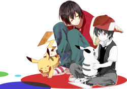 Rule 34 | 1990s (style), 2boys, age difference, aged down, backwards hat, baseball cap, black hair, borrowed clothes, creatures (company), dual persona, game freak, gen 1 pokemon, hat, headpat, light smile, male focus, multiple boys, nintendo, partially colored, pikachu, pixiv red, pokemon, pokemon (creature), pokemon gsc, pokemon rgby, red (pokemon), red eyes, red hat, retro artstyle, shuri (84k), side-by-side, simple background, sitting, smile, time paradox, unworn hat, unworn headwear, white background
