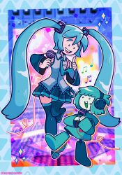 Rule 34 | 1girl, 1other, adventure time, angelic artist girl, aqua eyes, aqua footwear, aqua hair, aqua necktie, black skirt, black thighhighs, bmo, commentary, detached sleeves, english commentary, frilled shirt, frills, full body, grey shirt, hatsune miku, headphones, highres, holding, holding microphone, humanization, long hair, looking at another, microphone, miku day, miniskirt, musical note, necktie, pantyhose, shirt, short hair, skirt, sleeveless, sleeveless shirt, thighhighs, twitter username, vocaloid, wide sleeves