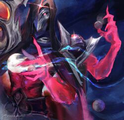 Rule 34 | 1boy, abs, armor, artist name, cape, colored skin, dark cosmic jhin, extra arms, glowing, glowing eye, highres, holding orb, hood, hood up, jhin, league of legends, looking at viewer, male focus, mask, official alternate costume, orbited, planet, red eyes, red skin, rishh39, shoulder armor, solo, space, upper body