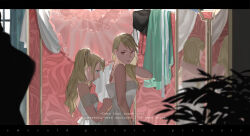 Rule 34 | 2girls, alternate hairstyle, back tattoo, bare arms, bare shoulders, blonde hair, blue eyes, blurry, breasts, curtains, depth of field, dress, dressing, dressing another, emmmerald, english text, fake screenshot, from side, fullmetal alchemist, hair down, hair over shoulder, hand on own neck, hand up, height difference, indoors, letterboxed, long hair, looking at another, looking back, looking to the side, mannequin, medium breasts, mirror, multiple girls, off-shoulder dress, off shoulder, ponytail, profile, red eyes, reflection, riza hawkeye, scar, scar on back, strapless, strapless dress, subtitled, swept bangs, tattoo, unworn clothes, upper body, wedding dress, white dress, window, winry rockbell