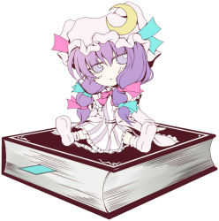 Rule 34 | 1girl, book, bow, chibi, female focus, hat, jyun, long hair, patchouli knowledge, pink bow, purple hair, ribbon, solo, touhou