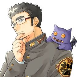 Rule 34 | 1boy, bat wings, black hair, closed mouth, colored skin, commentary request, creature, devil (housamo), gakuran, glasses, hand on own chin, long sideburns, looking at viewer, male focus, mole, mole under eye, motoori shiro, purple skin, rimless eyewear, school uniform, short hair, sideburns, stitched mouth, stitches, tass commuovere, thick eyebrows, tokyo houkago summoners, upper body, wings