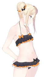Rule 34 | 1girl, abigail williams (emerald float) (fate), abigail williams (fate), arms behind back, bare shoulders, bikini, black bikini, black bow, black skirt, blonde hair, blue eyes, blush, bow, breasts, closed mouth, collarbone, double bun, emerald float, fate/grand order, fate (series), forehead, frilled bikini, frills, hair bun, highres, long hair, looking to the side, microskirt, multiple bows, navel, official alternate costume, orange bow, parted bangs, parusu (ehyfhugj), sidelocks, simple background, skirt, small breasts, smile, solo, swimsuit, thighs, white background