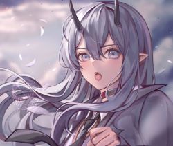 Rule 34 | 1girl, :o, black jacket, black necktie, black vest, blue eyes, chikenryice, clenched hand, collared shirt, fangs, grey hair, hair behind ear, hair between eyes, highres, horns, indie virtual youtuber, jacket, looking at viewer, necktie, open mouth, pointy ears, seigi (k1ruse), shirt, solo, vest, virtual youtuber, watermark, white shirt