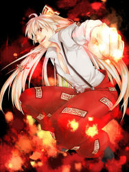 Rule 34 | 1girl, bad id, bad pixiv id, clenched hand, female focus, fire, foreshortening, fujiwara no mokou, hair ribbon, highres, long hair, open mouth, ribbon, ryou (pixiv779953), ryou (rmssre3783), solo, touhou, unbuttoned