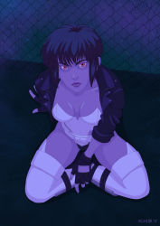 Rule 34 | 1girl, bodysuit, breasts, cleavage, cyberpunk, cyborg, eugenia beilschmidt, fingerless gloves, ghost in the shell, gloves, highleg, highleg leotard, highres, jacket, kusanagi motoko, large breasts, leotard, lips, looking at viewer, open clothes, open jacket, purple hair, red eyes, science fiction, short hair, solo, thighhighs