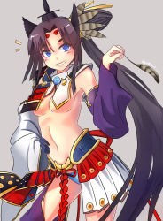 Rule 34 | 1girl, absurdres, akumakuma, armor, black hair, blue eyes, blush, breasts, clenched teeth, detached sleeves, fate/grand order, fate (series), gloves, grey background, grin, hair ornament, hat, highres, japanese clothes, long hair, makeup, navel, no bra, open mouth, panties, side ponytail, smile, teeth, underwear, ushiwakamaru (fate), very long hair, wide sleeves