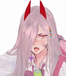 Rule 34 | 1girl, backpack, bag, bandaid, bandaid on face, chainsaw man, collared shirt, cross-shaped pupils, crosshair pupils, demon girl, demon horns, eyes visible through hair, fangs, hair ornament, hair over one eye, horns, huangdanlan, looking at viewer, necktie, open mouth, pink hair, power (chainsaw man), red eyes, red horns, red necktie, school uniform, sharp teeth, shirt, simple background, solo, symbol-shaped pupils, tamagotchi, teeth, white background, white shirt