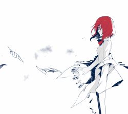 Rule 34 | 10s, 1girl, from side, kuma (bloodycolor), love live!, love live! school idol project, musical note, nishikino maki, paper, papers, piano keys, red hair, sheet music, solo, spot color, staff (music), standing, white background