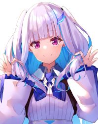 Rule 34 | 1girl, alternate hairstyle, blue hair, blunt bangs, blush, closed mouth, hair ornament, highres, lize helesta, long hair, long sleeves, looking at viewer, multicolored hair, nijisanji, purple eyes, shirt, smile, solo, twintails, two-tone hair, upper body, virtual youtuber, white hair, white shirt, yuuki nao (pixiv10696483)