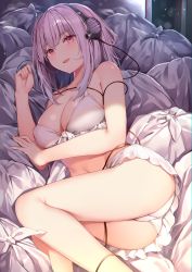 Rule 34 | 10s, 1girl, :d, ass, bare arms, bare legs, bare shoulders, bikini, bikini skirt, blush, breasts, cable, cleavage, collarbone, commentary request, covered erect nipples, feet out of frame, frilled bikini, frills, front-tie bikini top, front-tie top, gridman universe, headphones, highres, indoors, kaerunoko, large breasts, long hair, looking at viewer, lying, navel, on side, open mouth, pink hair, red eyes, shinjou akane, sidelocks, smile, solo, ssss.gridman, sunlight, swimsuit, teeth, thighs, trash bag, upper teeth only, white bikini
