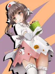 Rule 34 | 1girl, akino shuu, blush, braid, brown eyes, brown hair, bucket, commentary request, cowboy shot, dress, elbow gloves, gloves, gluteal fold, halloween, halloween costume, hat, heart, holding, holding bucket, kantai collection, long hair, looking at viewer, nurse cap, official alternate costume, open mouth, orange background, parted lips, patchwork clothes, puffy short sleeves, puffy sleeves, purple background, short hair with long locks, short sleeves, sidelocks, solo, thighhighs, twitter username, two-tone background, ukuru (kancolle), white dress, white gloves, white hat, white thighhighs