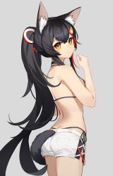 Rule 34 | 1girl, animal ear fluff, animal ears, bikini, bikini under clothes, black hair, breasts, choker, cine (wazd0183), grey background, highres, hololive, long hair, looking at viewer, looking to the side, medium breasts, ookami mio, ookami mio (casual), ookami mio (hololive summer 2019), orange eyes, ponytail, red hair, short shorts, shorts, simple background, smile, standing, swimsuit, tail, very long hair, virtual youtuber, white shorts, wolf ears, wolf girl, wolf tail