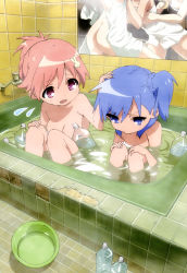 Rule 34 | 00s, 10s, 2girls, :d, absurdres, ass, bath, bathtub, blue eyes, blue hair, blush, bottle, braid, breasts, censored, chikaoka sunao, convenient censoring, dimples of venus, faucet, flat chest, flying sweatdrops, french braid, grabbing, grabbing another&#039;s breast, grabbing from behind, hair bun, hair ornament, hand on another&#039;s head, hand on own knee, hands on own knees, highres, indoors, looking down, lucky star, miyakawa-ke no kuufuku, miyakawa hikage, miyakawa hinata, multiple girls, naked towel, nude, nyantype, official art, open mouth, partially submerged, pink eyes, pink hair, poster (medium), poster (object), pout, purple eyes, rabbit hair ornament, same-sex bathing, scan, shared bathing, short hair, siblings, side ponytail, single hair bun, sisters, sitting, small breasts, smile, strike witches, tile floor, tile wall, tiles, towel, washbowl, water, water bottle, world witches series