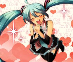 Rule 34 | 1girl, :d, aqua hair, detached sleeves, closed eyes, happy, hatsune miku, heart, hirococo, jumping, long hair, necktie, open mouth, own hands together, skirt, smile, solo, sparkle, thighhighs, twintails, very long hair, vocaloid