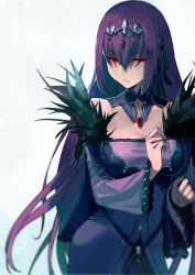 Rule 34 | 1girl, blurry, breasts, circlet, cleavage, depth of field, detached collar, dress, fate/grand order, fate (series), gradient background, hair between eyes, hair ribbon, long hair, long sleeves, medium breasts, parted lips, purple dress, purple hair, red eyes, ribbon, scathach (fate), scathach skadi (fate), sidelocks, simple background, solo, strapless, strapless dress, very long hair, walzrj