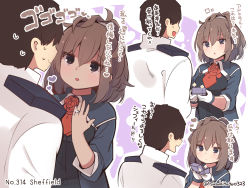 Rule 34 | 1boy, 1girl, @ @, admiral (kancolle), ascot, black hair, brown hair, flower, gloves, grey eyes, hair between eyes, heart, highres, holding, jewelry, kantai collection, long sleeves, medium hair, messy hair, military, military uniform, naval uniform, parted lips, ponytail, red flower, red rose, ring, rose, sheffield (kancolle), short hair, suzuki toto, translation request, twitter username, uniform, wedding band, white gloves