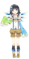 Rule 34 | 1girl, artist request, black hair, blue eyes, blush, boots, child, flower, frills, full body, grey eyes, happy, highres, original, oversized clothes, short hair, shorts, sleeves past wrists, socks, solo, transparent background, wings