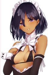 Rule 34 | 1girl, arm warmers, bare shoulders, bikini, bikini top only, black bikini, black dress, blush, bokokichi (you), bow, bowtie, breasts, copyright request, dark-skinned female, dark skin, dress, eyebrows, gloves, hair between eyes, hand on own chest, head tilt, light smile, looking at viewer, maid, maid headdress, open clothes, open dress, parted lips, purple eyes, purple hair, short hair, sleeveless, sleeveless dress, small breasts, solo, swimsuit, teeth, white bow, white bowtie, white gloves, wrist cuffs