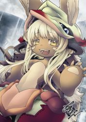 Rule 34 | 1girl, animal ears, arikanrobo, ears through headwear, furry, furry female, highres, long hair, looking at viewer, made in abyss, nanachi (made in abyss), navel, open mouth, rabbit ears, smile, solo, teeth, white hair, yellow eyes