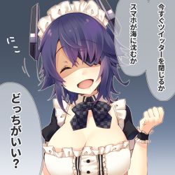 Rule 34 | 1girl, alternate costume, anger vein, blue background, bow, breasts, checkered bow, checkered clothes, checkered neckwear, cleavage, clenched hand, eyebrows, eyepatch, closed eyes, false smile, hair over one eye, kantai collection, kotobuki (momoko factory), large breasts, maid, maid headdress, medium hair, neckwear request, one-eyed, purple hair, shaded face, smile, speech bubble, tenryuu (kancolle), translation request