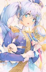Rule 34 | 1girl, :o, animal, band uniform, blue dress, blue eyes, blue hair, blue ribbon, blush, bosack, bow, collared shirt, dress, epaulettes, french horn, gloves, hair between eyes, hair ornament, hair ribbon, hat, hat feather, hatsune miku, holding, holding instrument, instrument, jacket, long hair, long sleeves, looking at viewer, mini hat, mini shako cap, musical note, open mouth, rabbit, ribbon, shirt, sidelocks, simple background, sleeves past wrists, solo, standing, striped, teeth, twintails, upper body, vertical stripes, vocaloid, white gloves, white ribbon, yuki miku, yuki miku (2020), yukine (vocaloid)